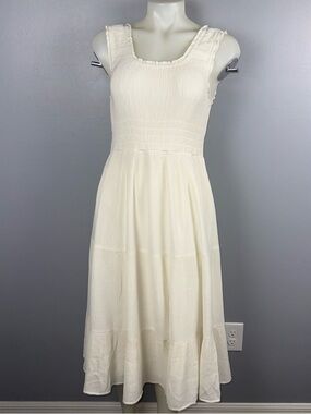 Rachel Parcell Midi Dress Women’s S  Ivory Scooped Tiered Ruffle Crinkle NWT